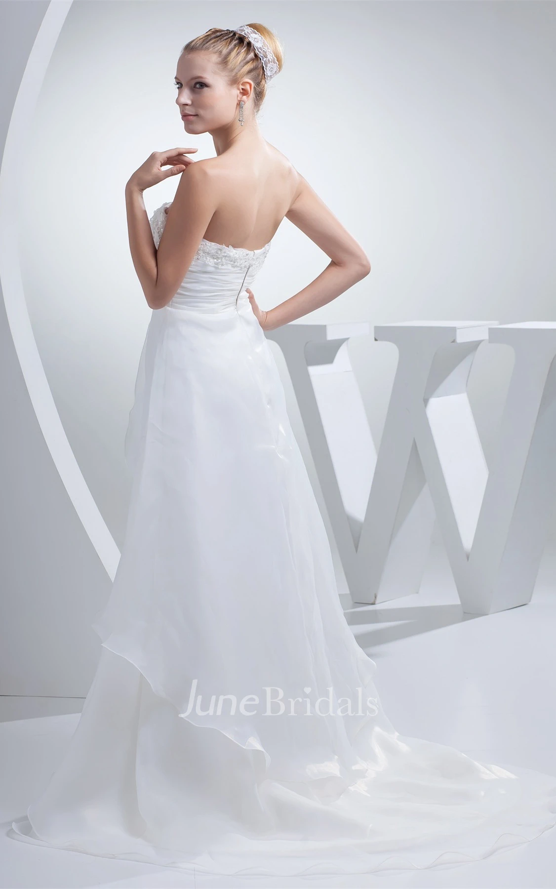 Strapless Ruched Empire A-Line Gown with Appliques