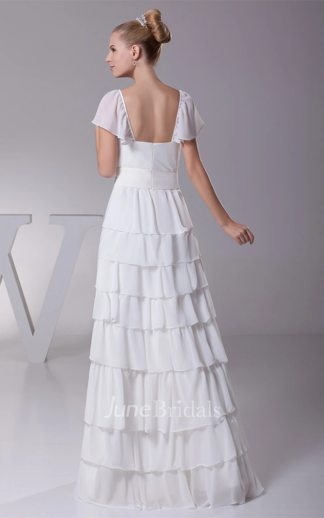 Caped-Sleeve Tiered Sheath Dress with Ribbon