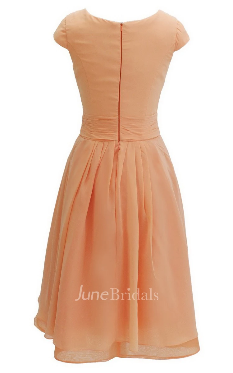 Cap-sleeved Knee-length Chiffon Dress With Ribbon