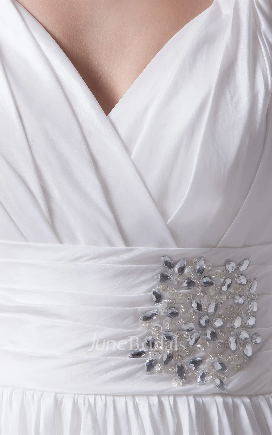 Spaghetti-Strap Plunged A-Line Gown with Broach and Pleats