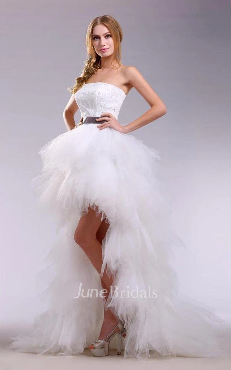 Strapless High-low Tulle Dress With Satin Sash