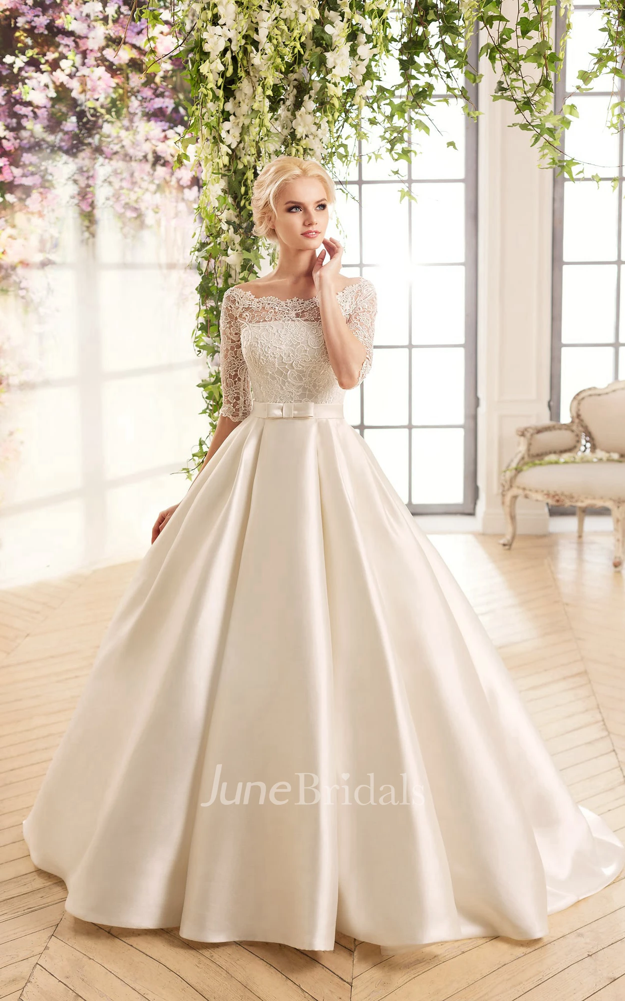 Ball Gown Floor-Length Jewel Long-Sleeve Corset-Back Satin Dress With  Appliques - June Bridals