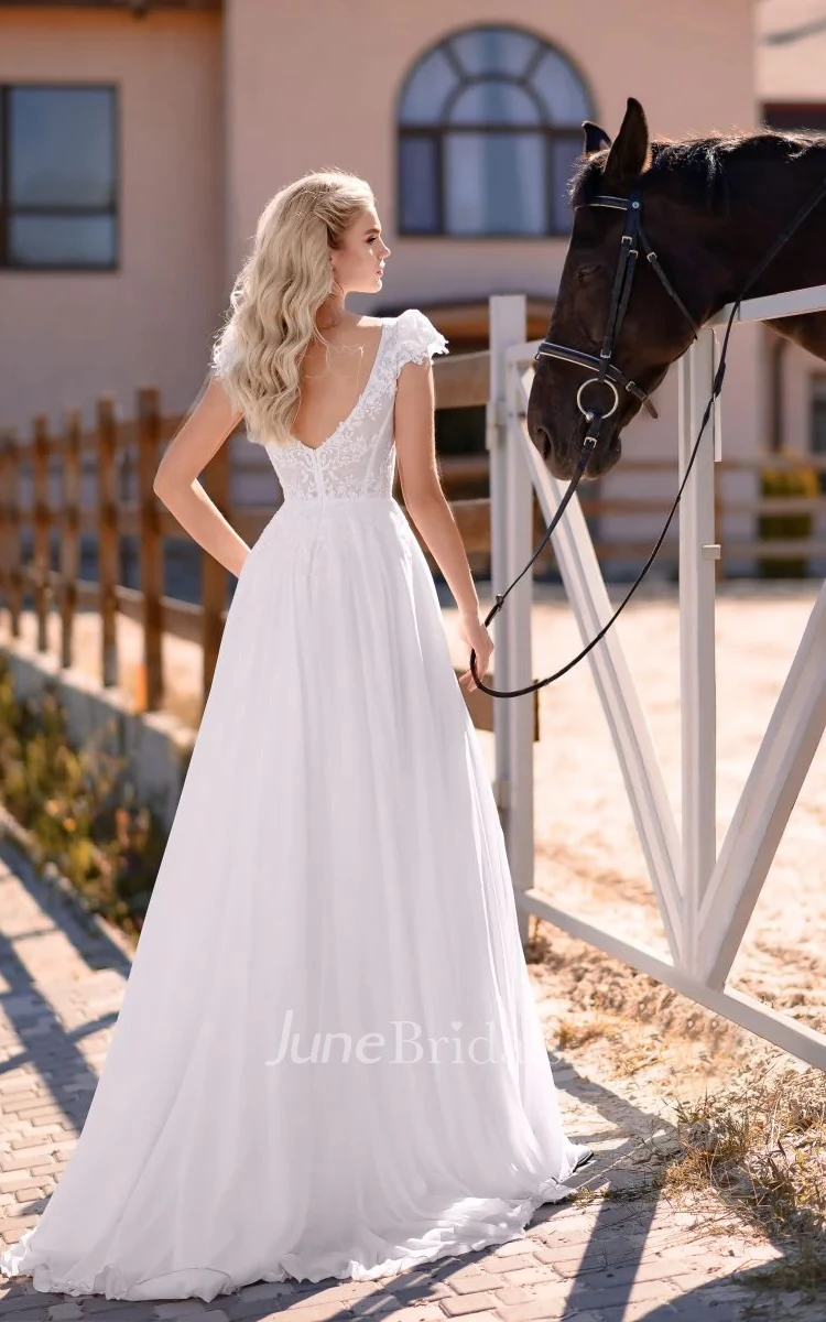 Simple Sheath Off-the-shoulder Chiffon Sweep Train Wedding Dress