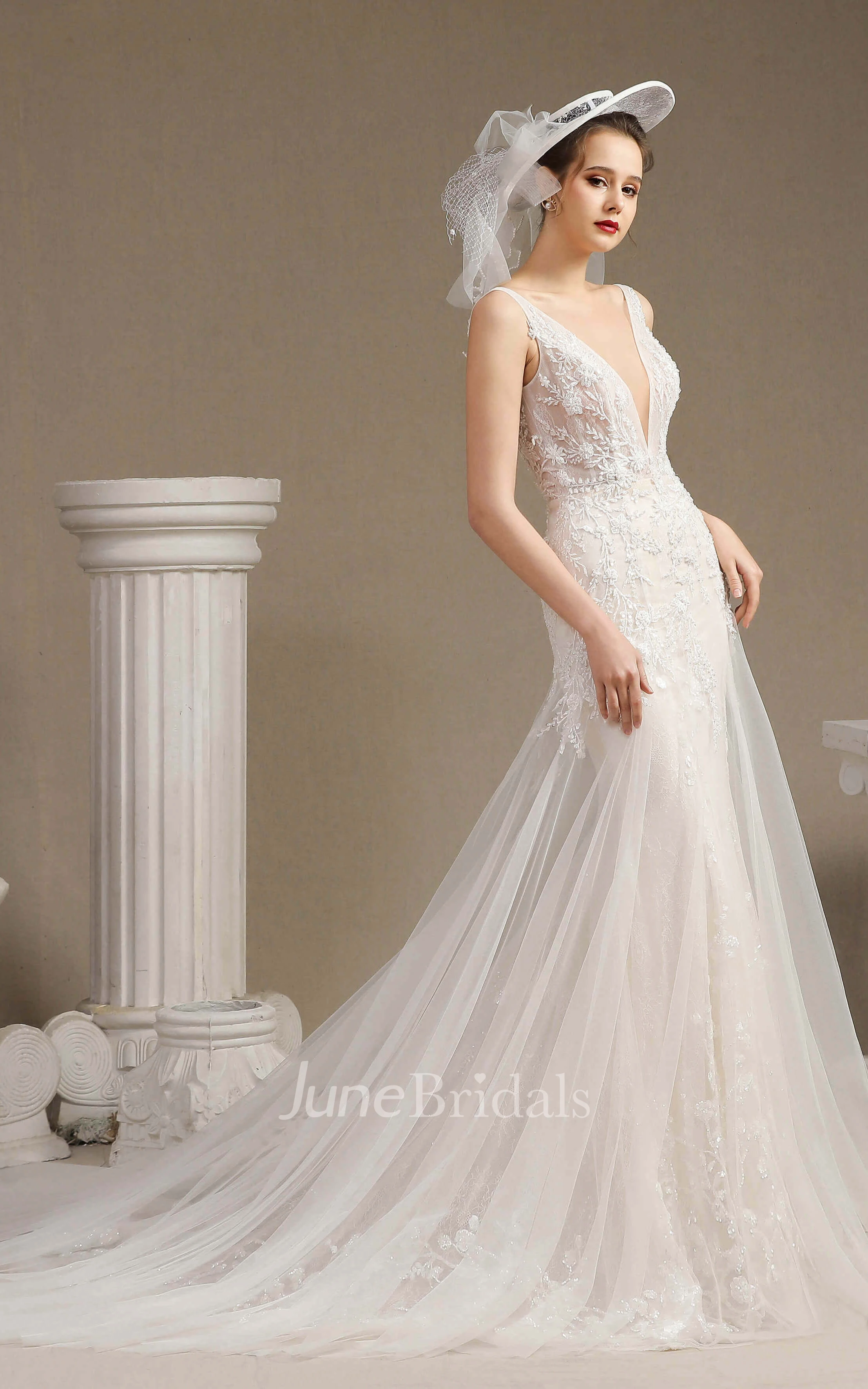 Lace Illusion Sleeveless Plunging Mermaid Appliqued Open Back Wedding Dress With Chapel Train