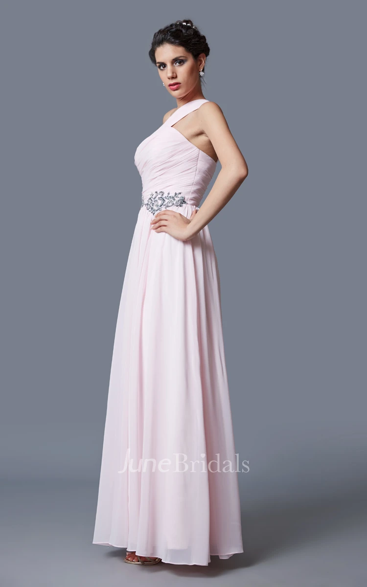 Vibrant Beaded Waist Pleated Long Chiffon Dress With One-shoulder