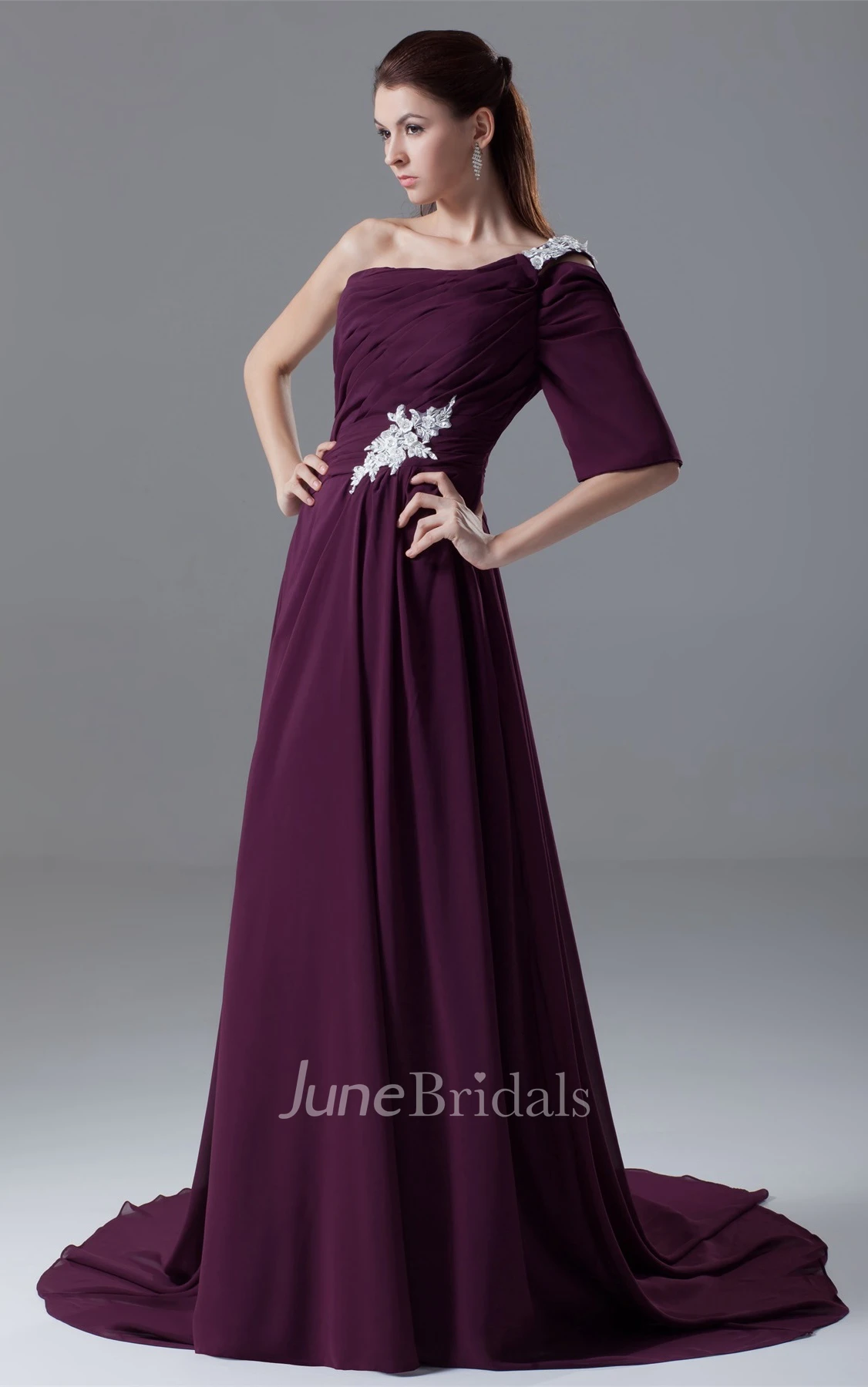 One-Shoulder Chiffon Maxi Dress with Appliques and Sweep Train