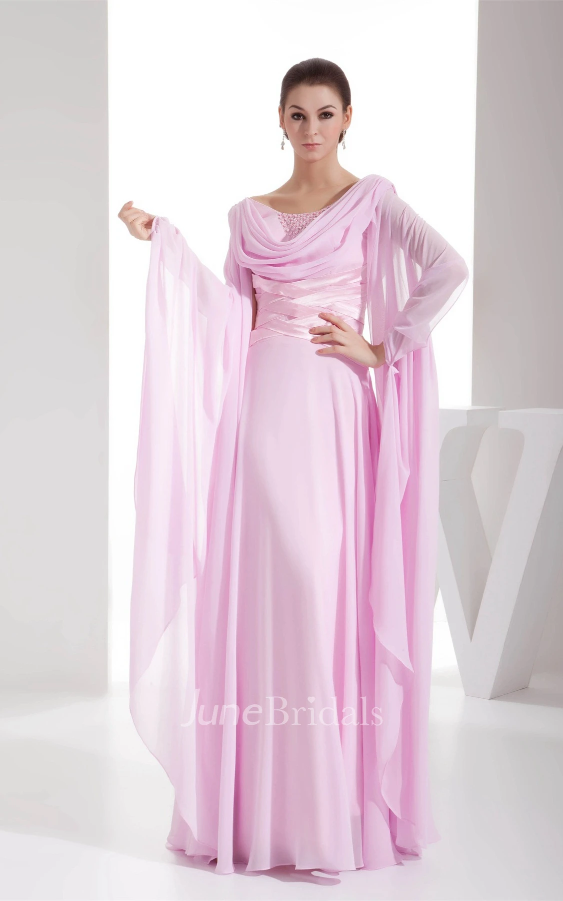 Cowl-Neck Chiffon Maxi Dress with Ruching and Stress