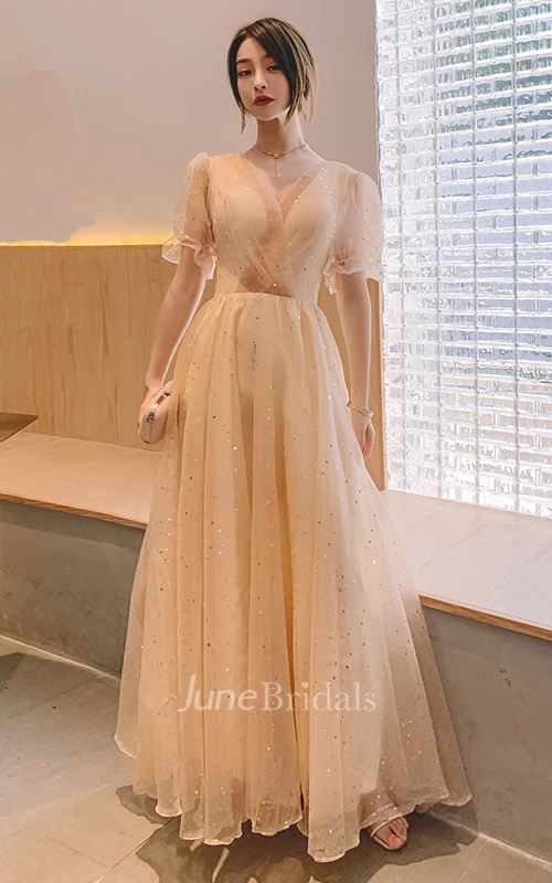 Vintage Tulle Square V-neck Queen Anne A Line Evening Formal Dress With Beading