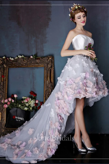 Sleeveless Cute Open Back High-low Dress With 3D Floral Appliques And Delicate Bow