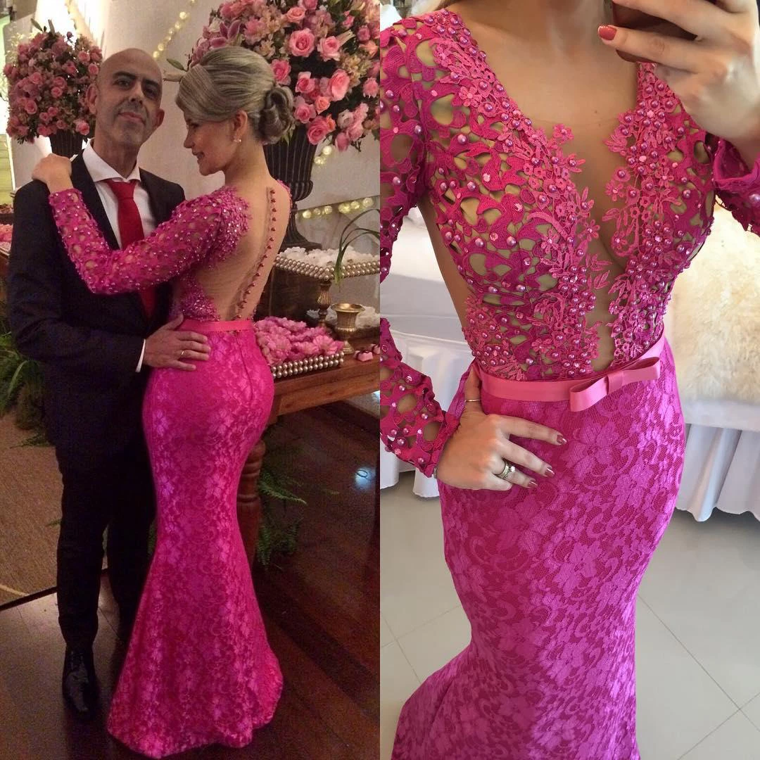 Modern Lace Deep V-neck Mermaid Prom Dress Front Split Long Sleeve