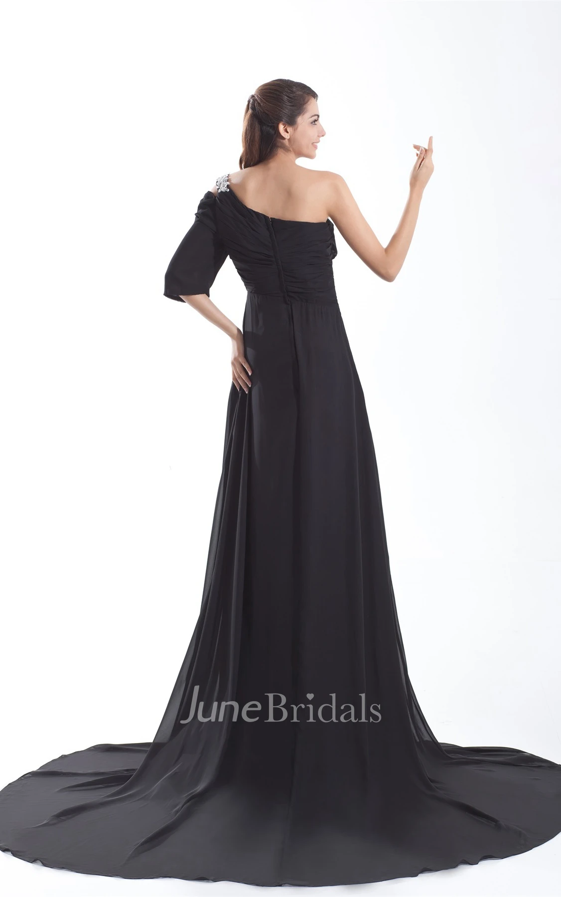 chiffon floor-length pleated dress with one-sleeve design and appliques