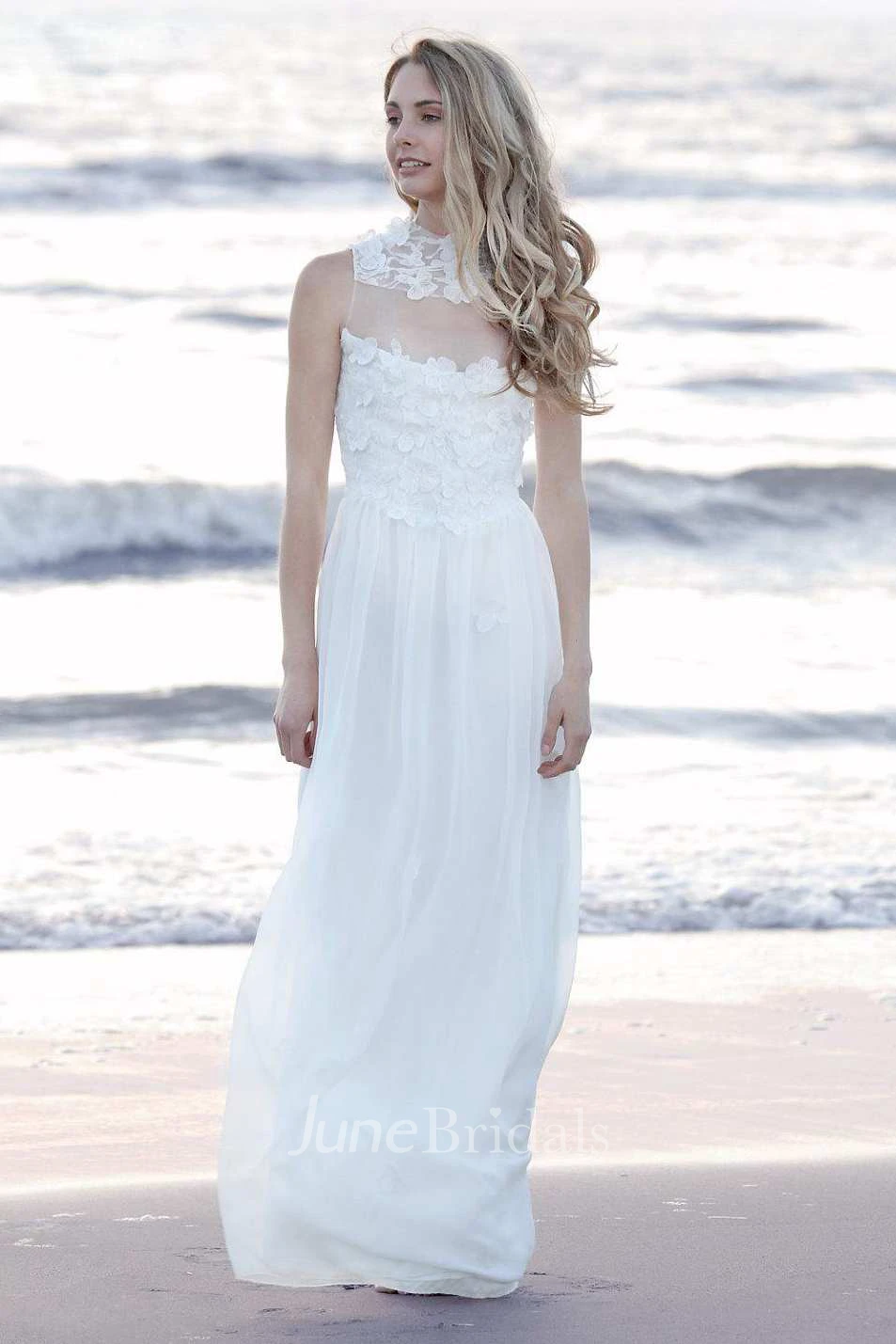 High Neck Illusion Sleeve Chiffon Lace Wedding Dress