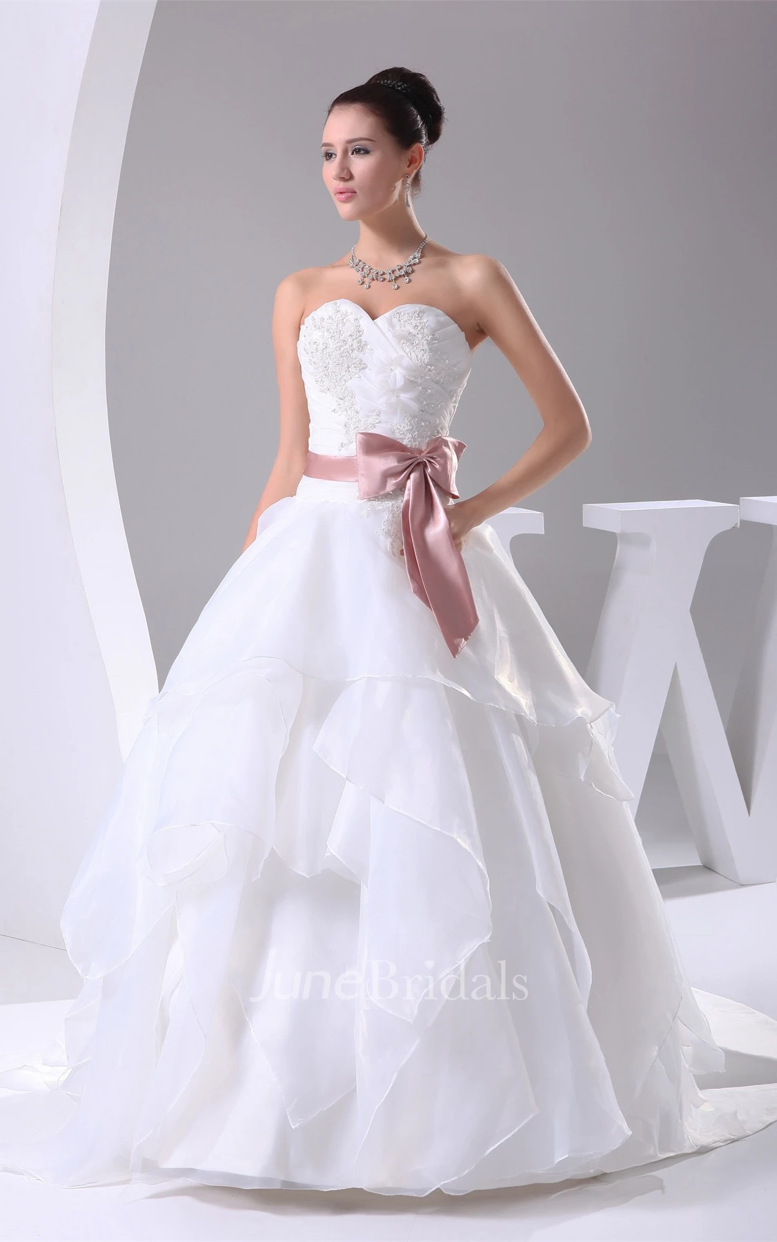 Sweetheart Ruffled Ball Gown with Ribbon and Appliques