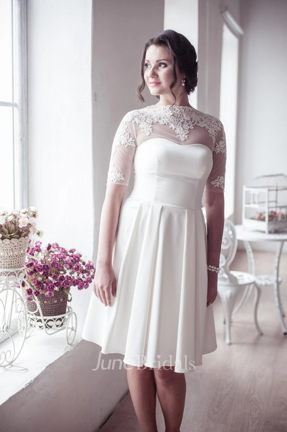 Romantic Lace Half Sleeve High Neck Pleated A-Line Short Wedding Dress