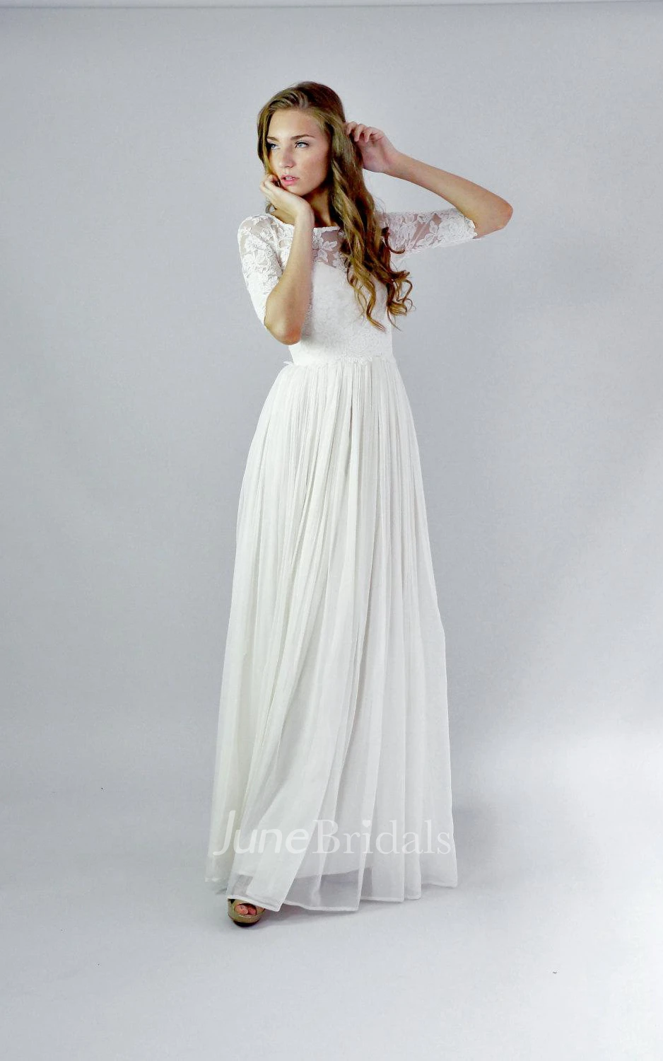 Modest Half Sleeves Button Back A-Line Chiffon Warm Wedding Dress With Lace And Pleats