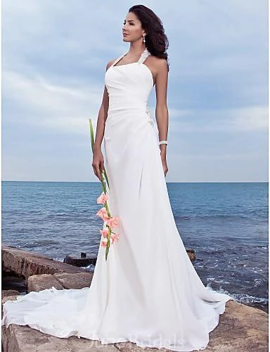 Sheath Column Halter Court Train Chiffon Wedding Dress