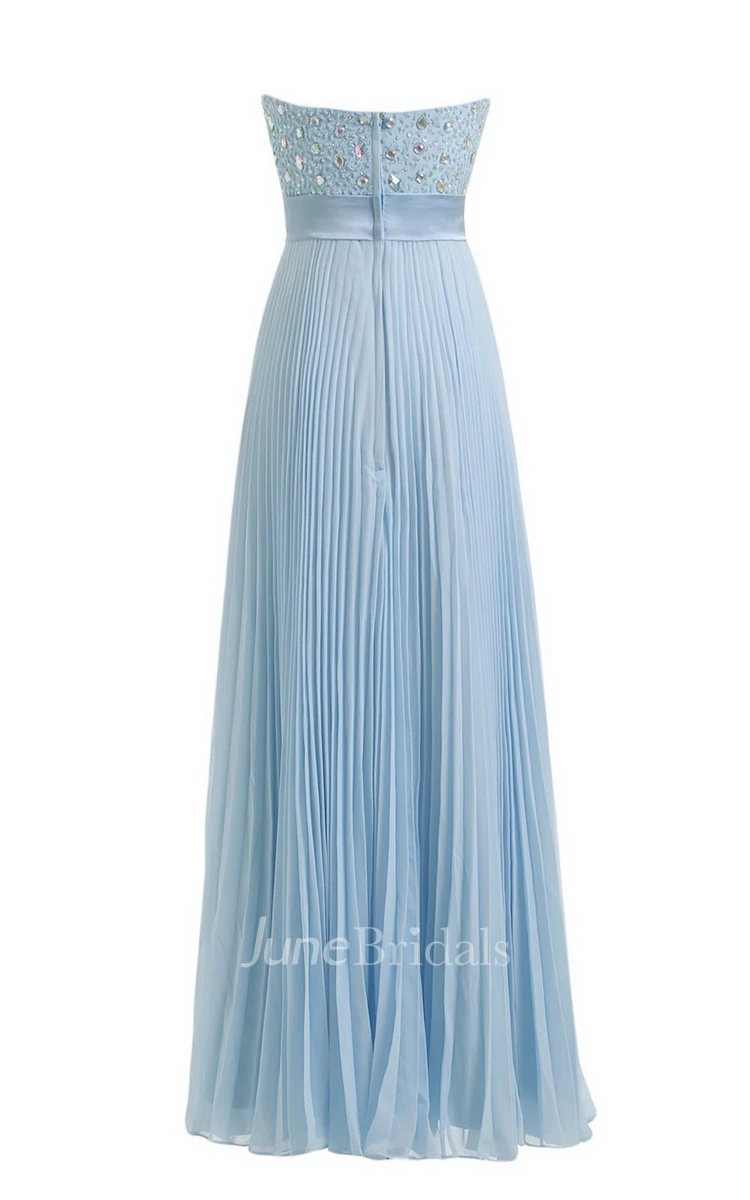 Strapless Empire Long Pleated Dress With Rhinestones