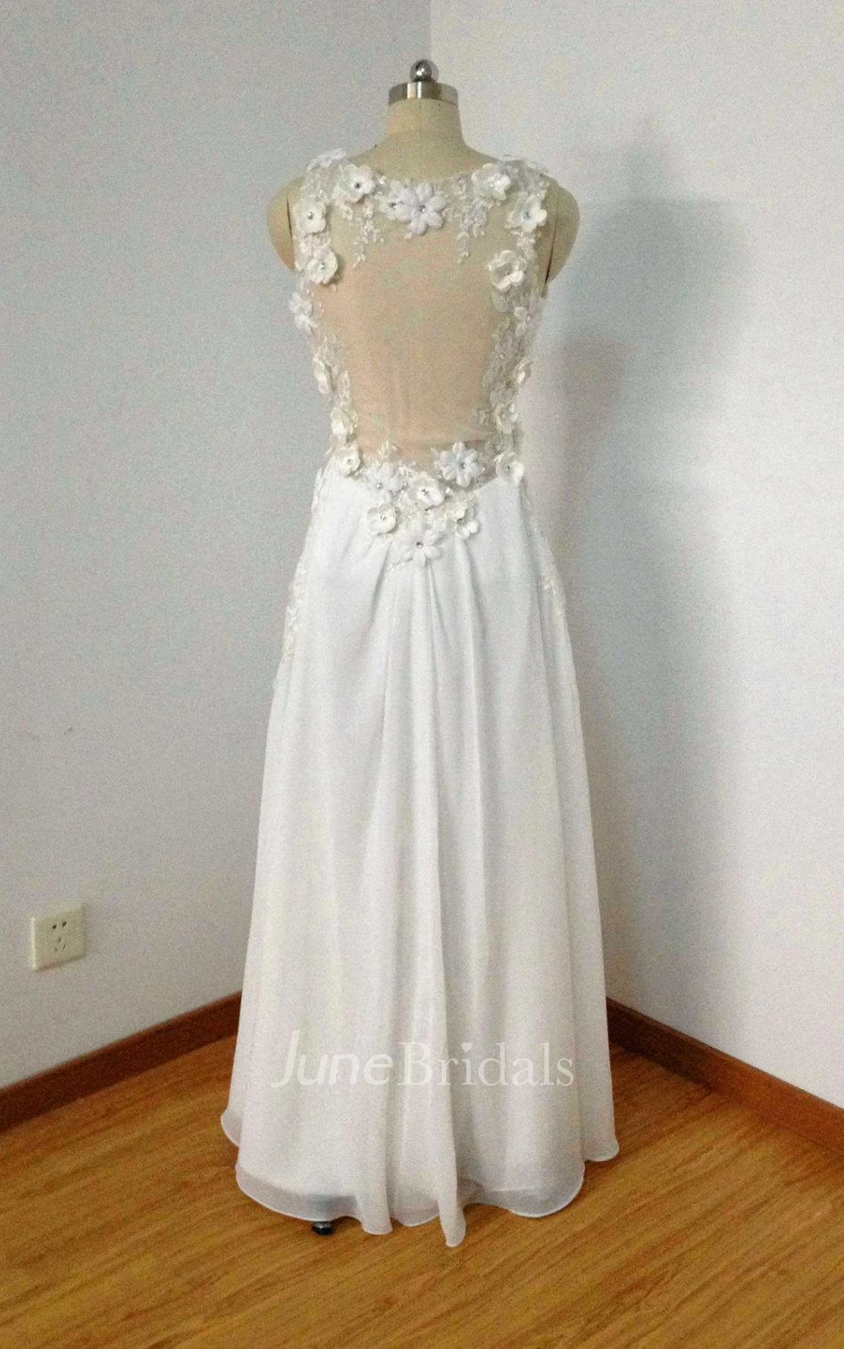 V-neck Chiffon Dress With Appliques And Illusion Back