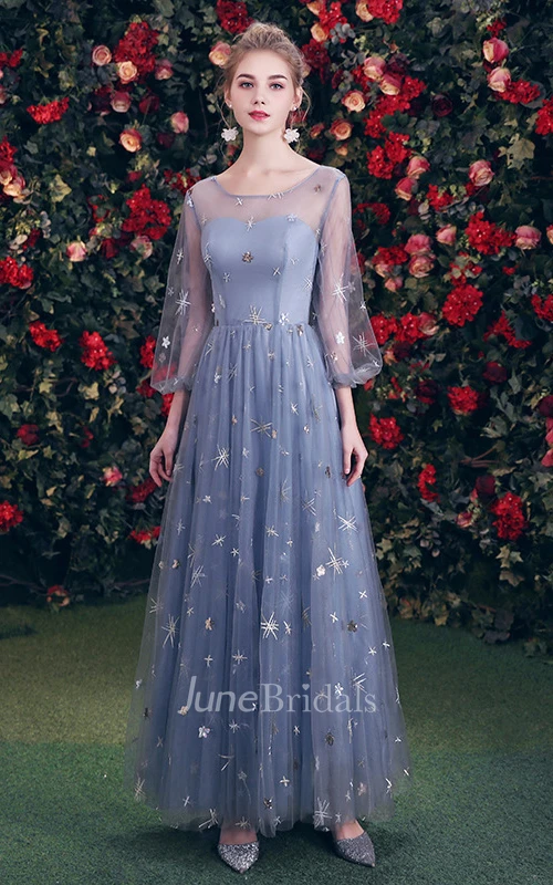 Elegant Tulle Bateau High Neck Off-the-shoulder A Line Prom Dress With Sequins