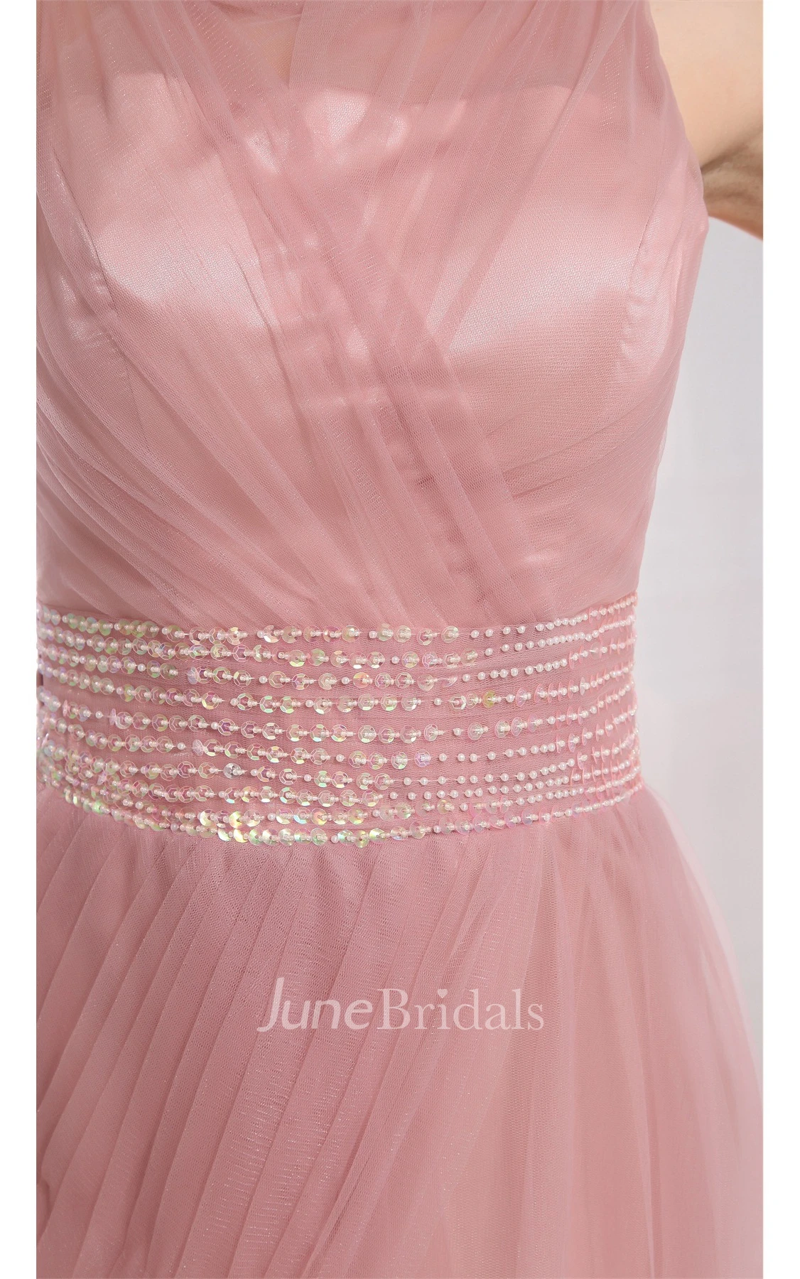 Sleeveless V-Neck Tulle A-Line Dress with Ruching and Beaded Waist