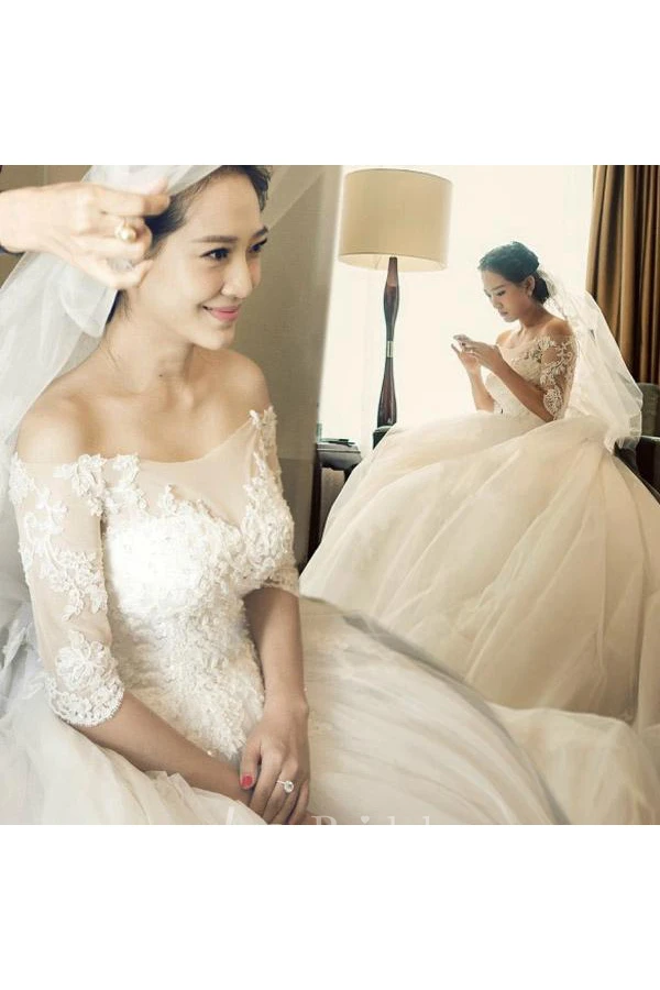 Newest Off-the-shoulder Lace Sequins Wedding Dress Tulle Half Sleeve