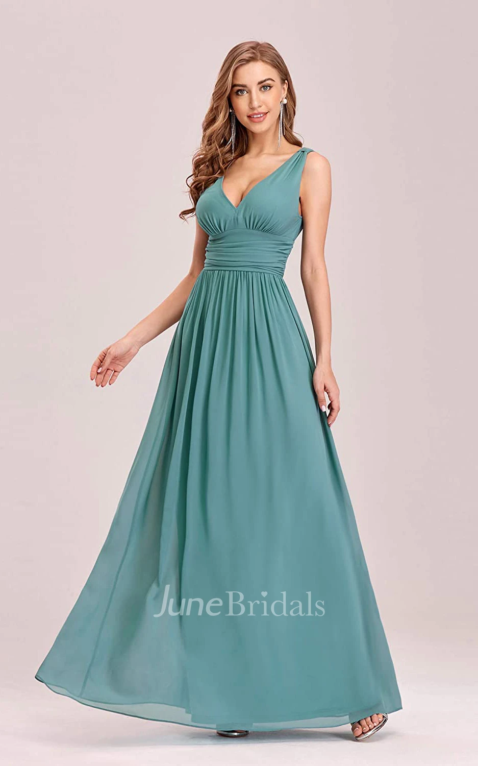 A Line V-neck Chiffon Sleeveless Evening Dress With Ruffles