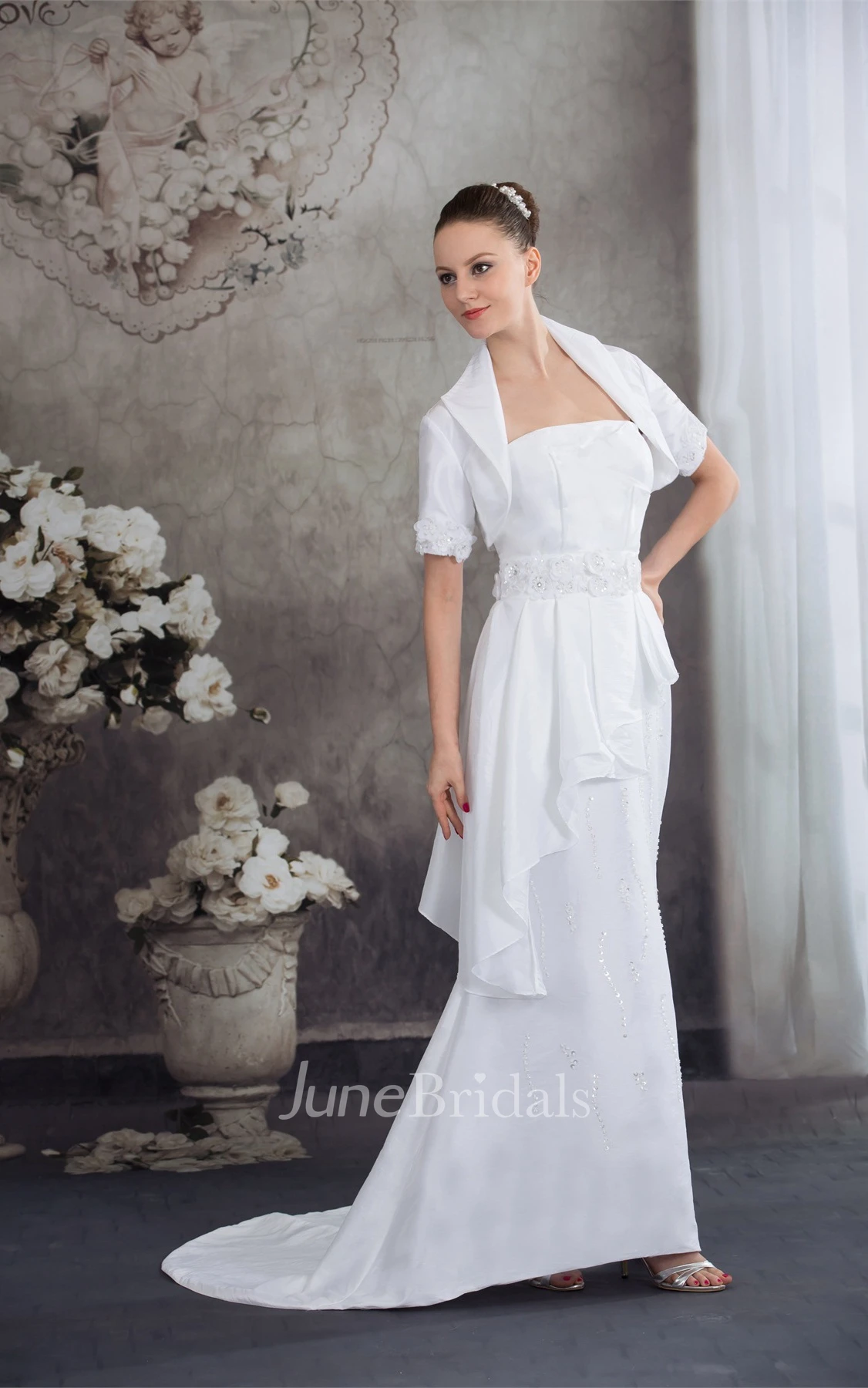 Strapless Sheath Beaded Dress with Peplum and Bolero