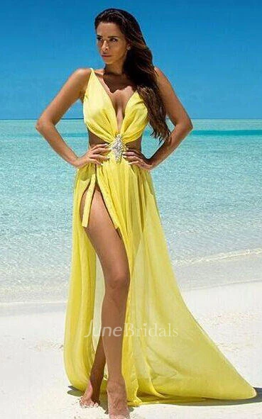 Floor-length V-neck Sleeveless Chiffon Dress with Split