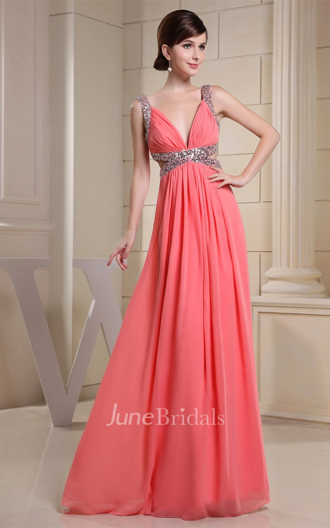 Deep-V-Neck Sleeveless Ruched A-Line Floor-Length Gown with Side Keyhole and Crystal Detailing