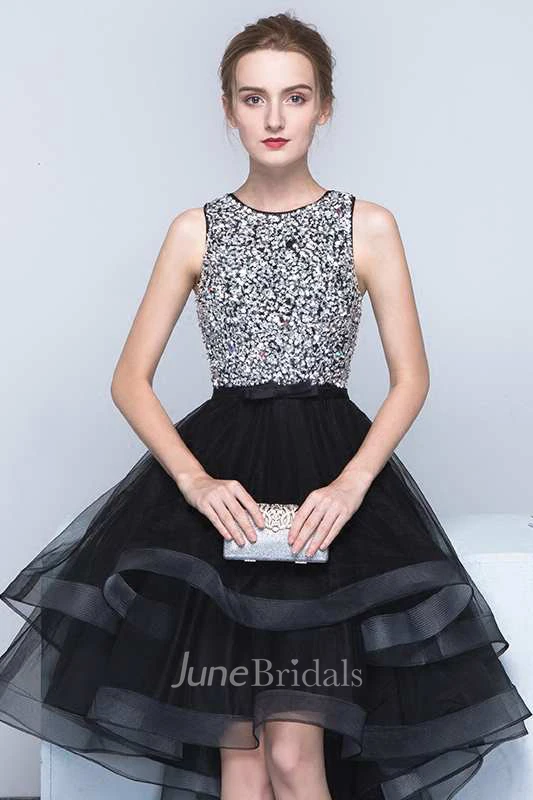 Sleeveless Jewel Neck High Low Organza Dress With Beaded Bodice