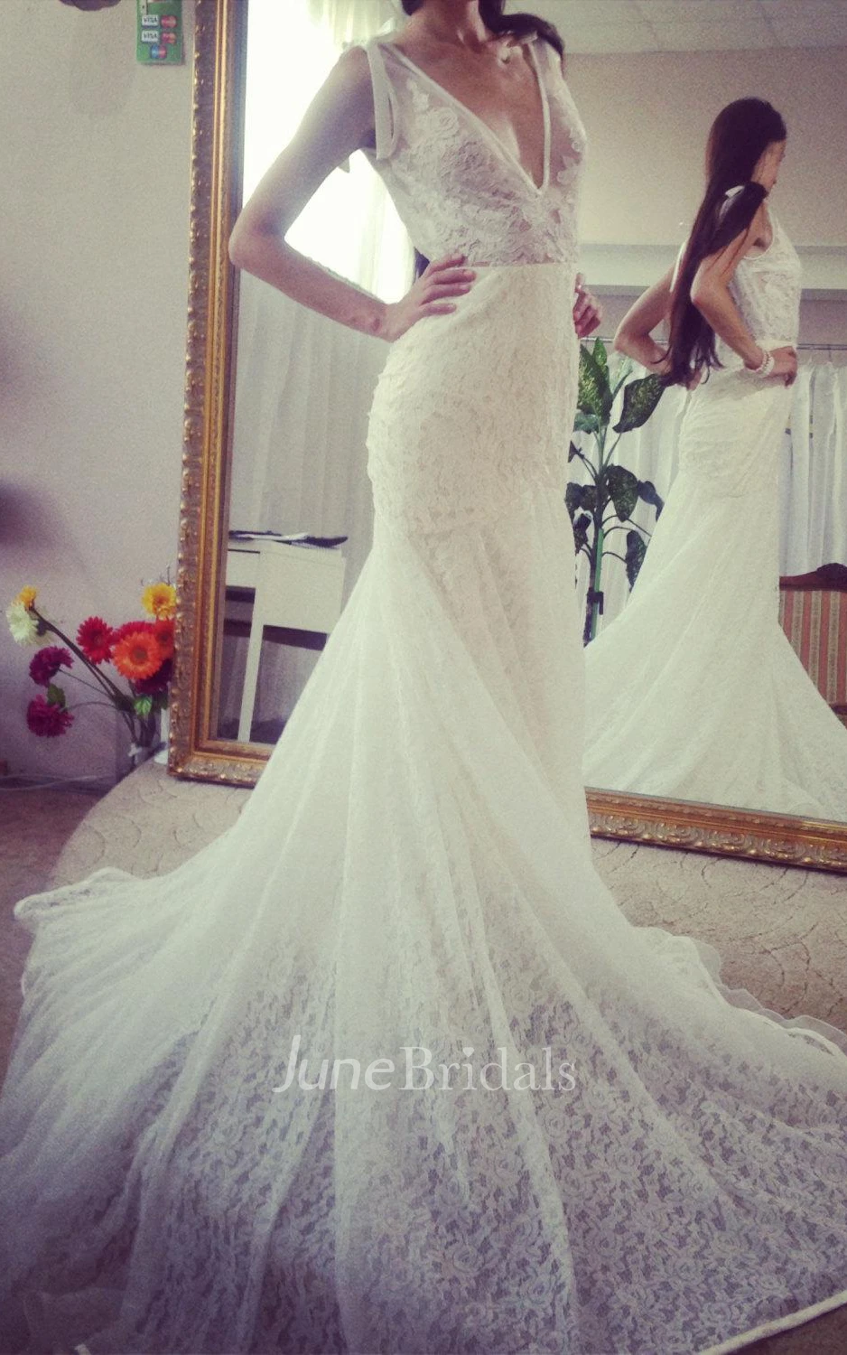 Deep-V Neck Sleeveless Lace Mermaid Wedding Dress With Long Train