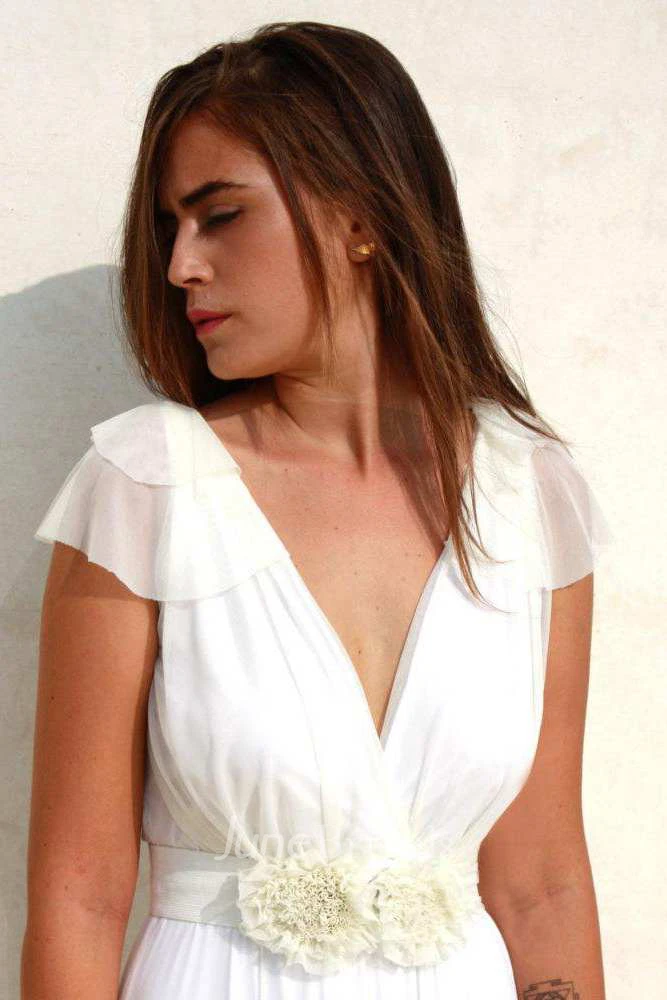 Plunged Cap-Sleeve Chiffon Floor-Length Dress With Flowers