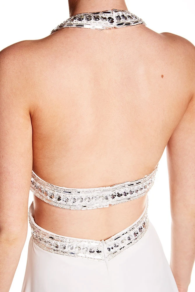 Sleeveless Beaded Halter Chiffon Prom Dress With Brush Train