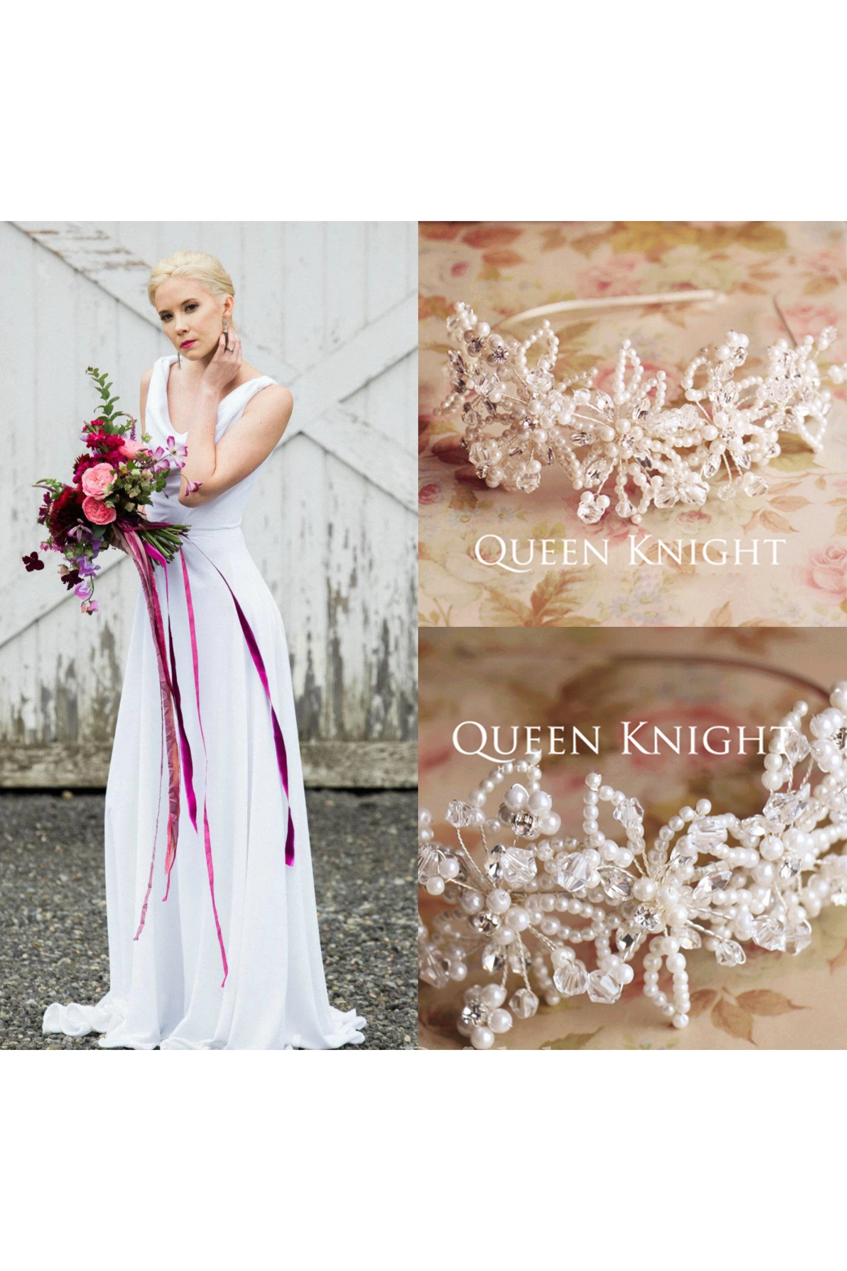 Chiffon Cowl-Neck Sleeveless Floor-Length Dress and Hand-Woven Hollow Three-dimensional Flowers White Pearl Hair Bands