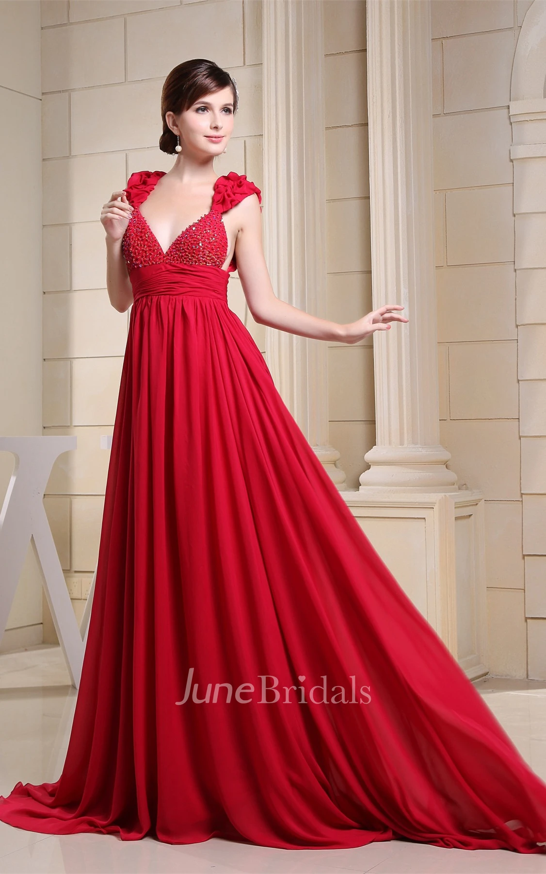 Plunged Chiffon Maxi Dress with Beading and Ruffled Straps