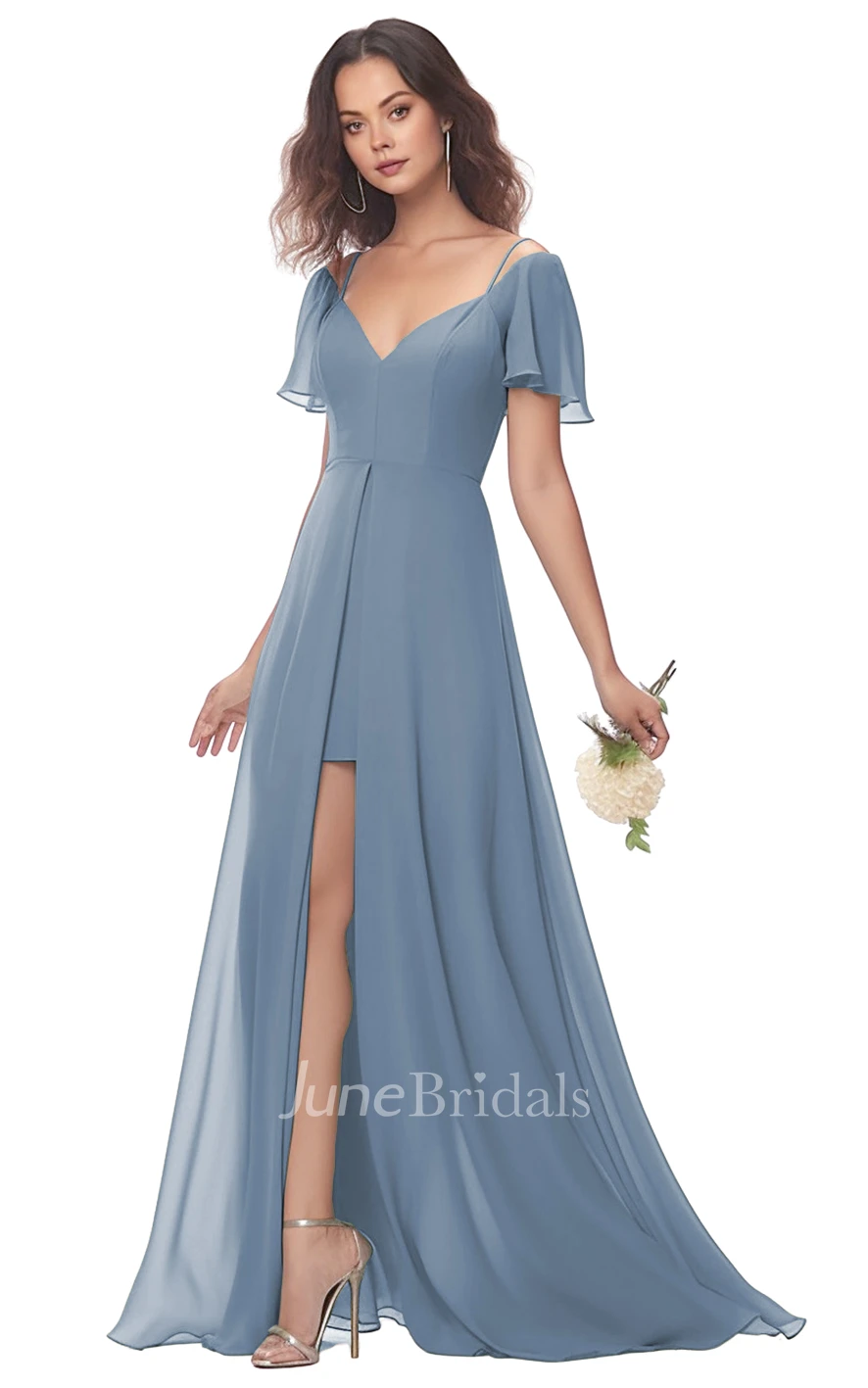 Modest A-Line Spaghetti V-neck Chiffon Bridesmaid Dress with Split Front