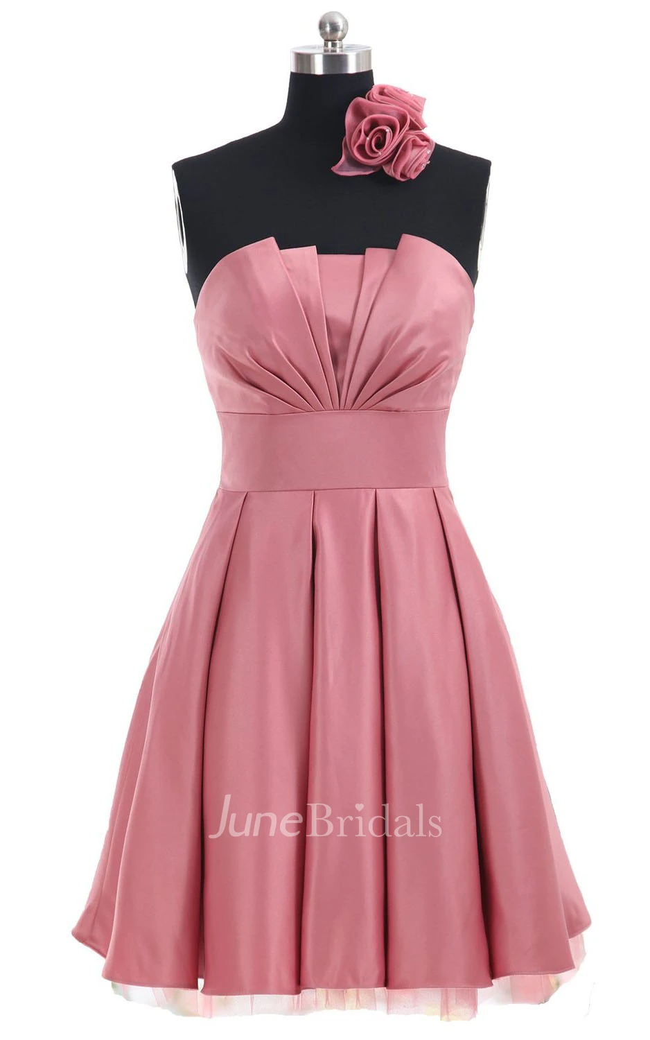 Strapless Appliqued Ruched Bodice Short Pleated Satin Dress