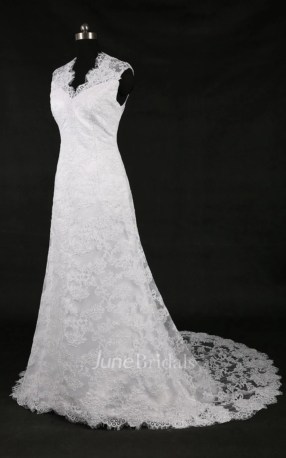 V-Neck Cathedral Train Lace Satin Weddig Dress