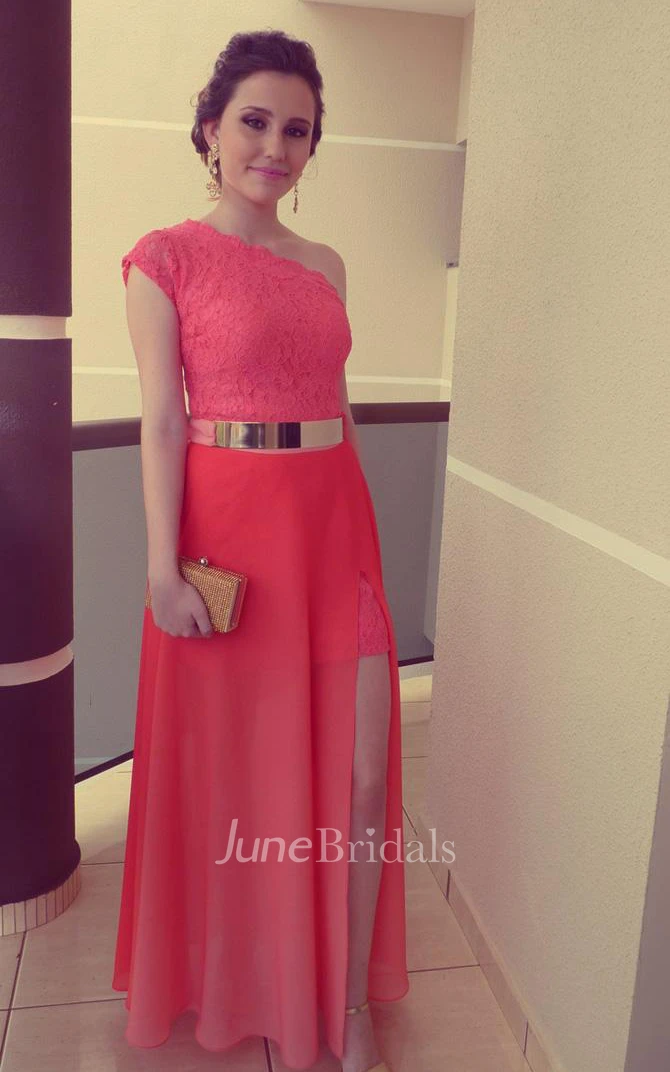 Modern One-shoulder Chiffon Prom Dress With Lace Front Split