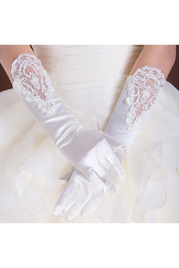 White Stretch Satin Long Length Sequins Beads Package Refers To Gloves