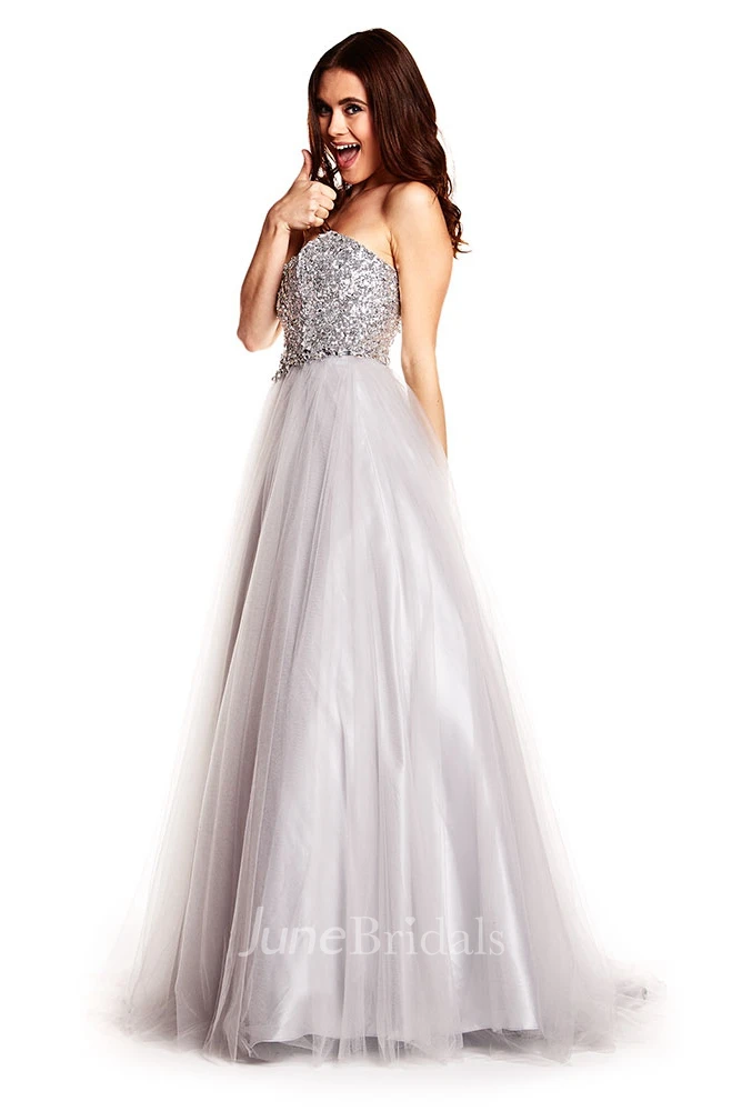 A-Line Floor-Length Sweetheart Sleeveless Sequins&Tulle Prom Dress