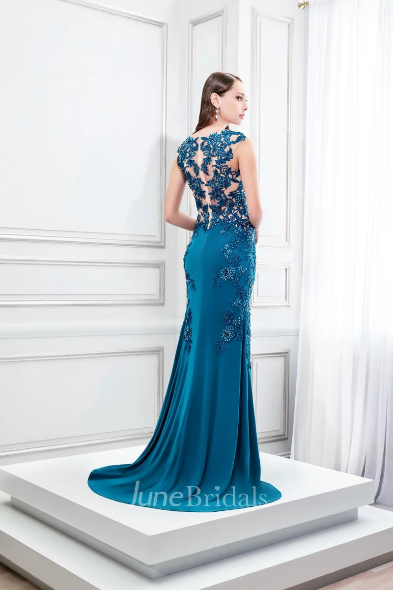Cap Sleeve Appliqued Bateau Neck Jersey Prom Dress