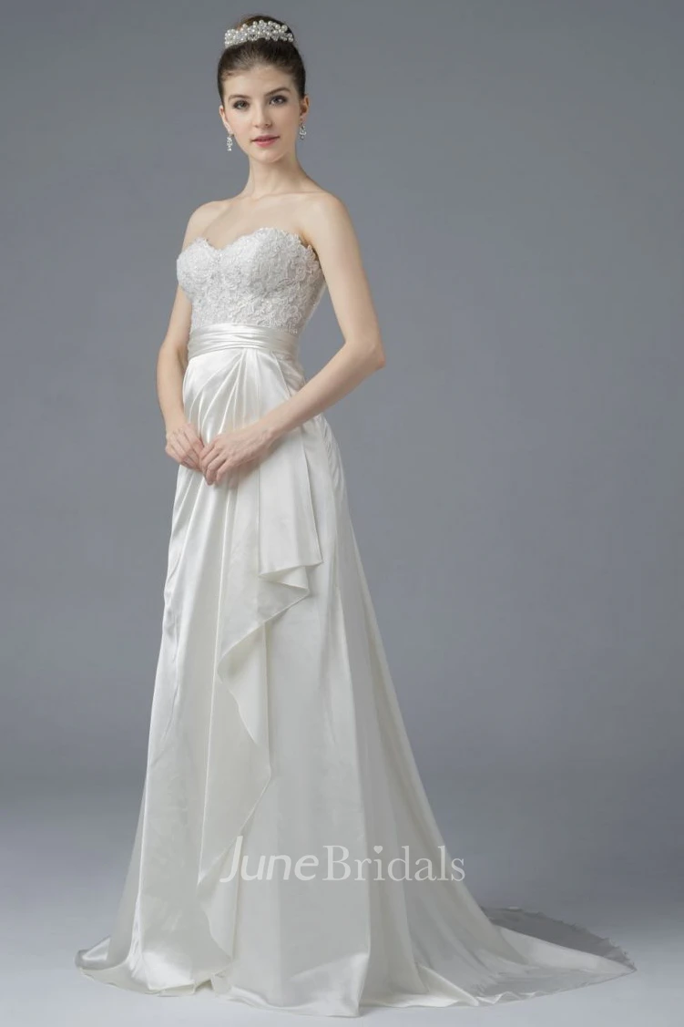 Elegant Sweetheart Open Back Satin Lace Appliques Gown With Draping And Buttons
