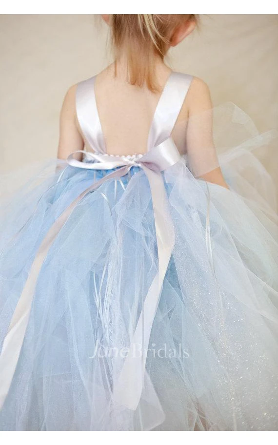 Sleeveless V-neck Satin Bodice Pleated Tulle Flower Girl Dress With Bow Sash
