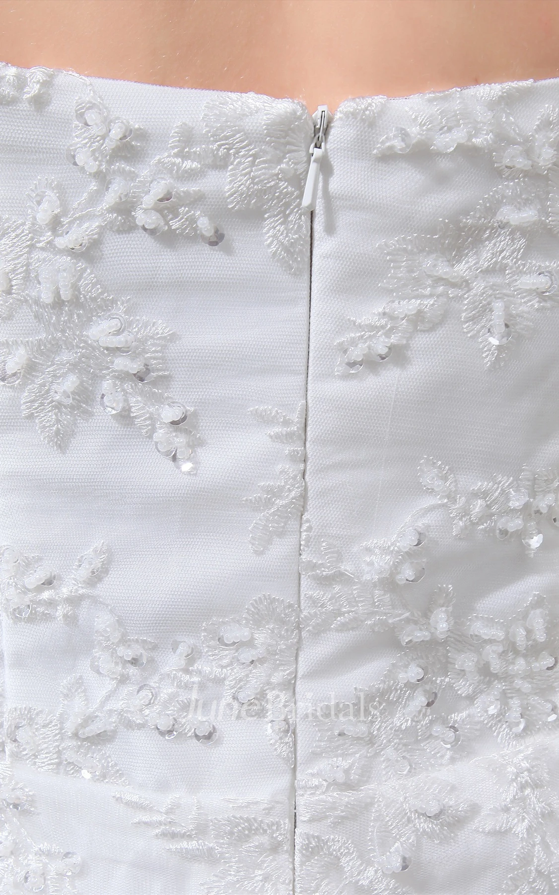 Strapless Appliqued Ball Gown with Ruching and Side Draping