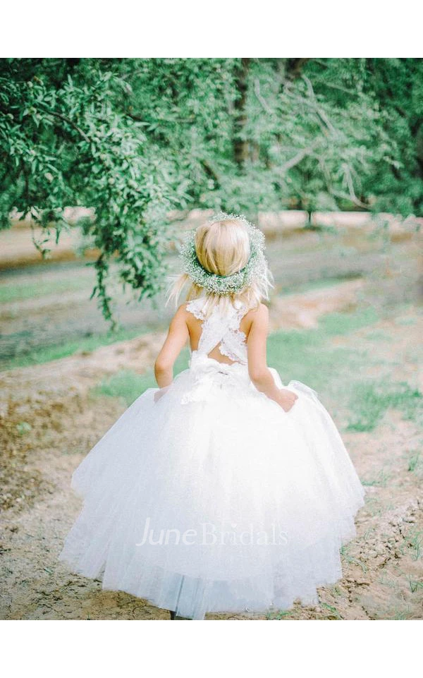 Lovely Tulle Lace White Flower Girl Dress Cross Back