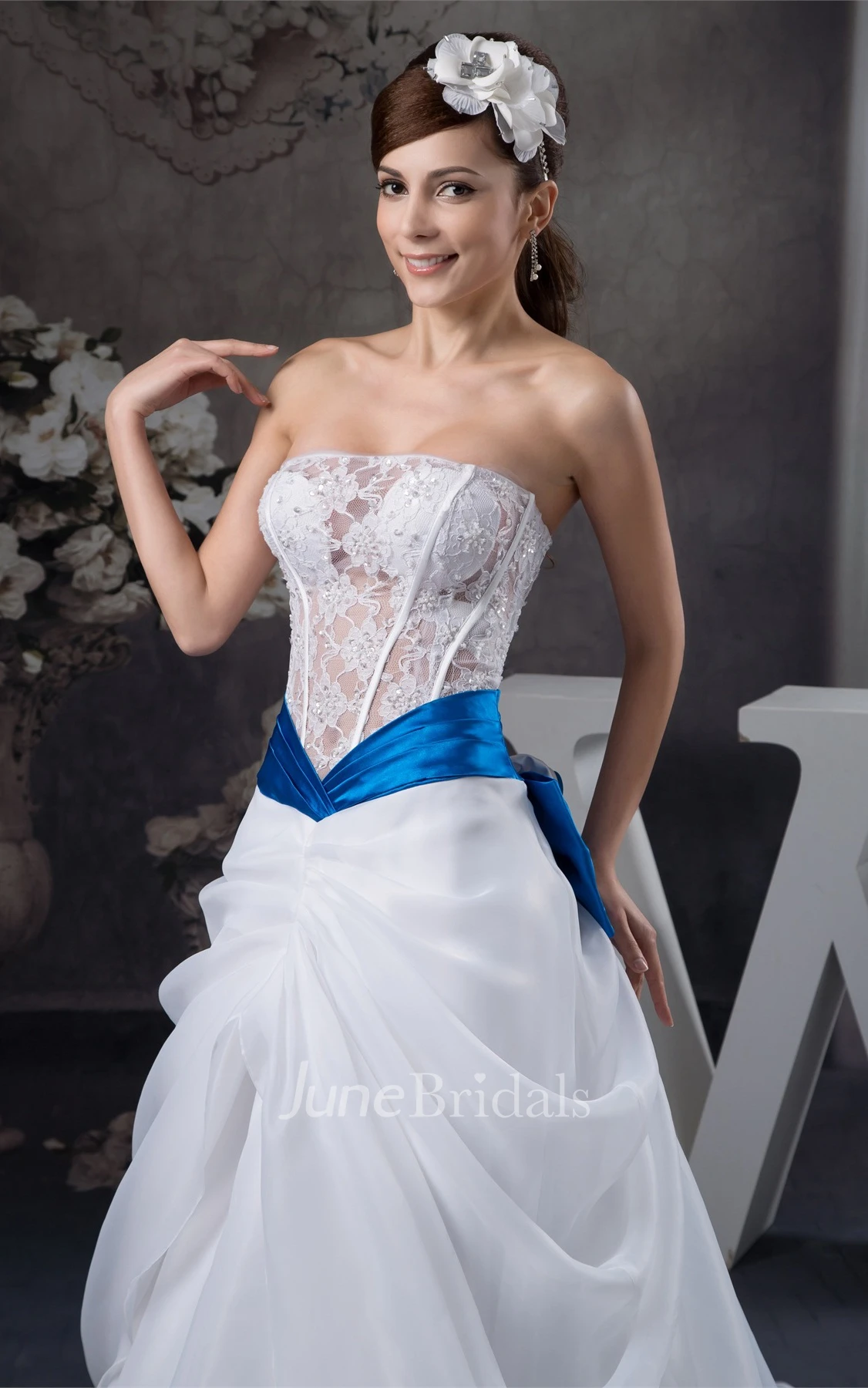 Strapless Lace A-Line Gown with Bow and Central Draping