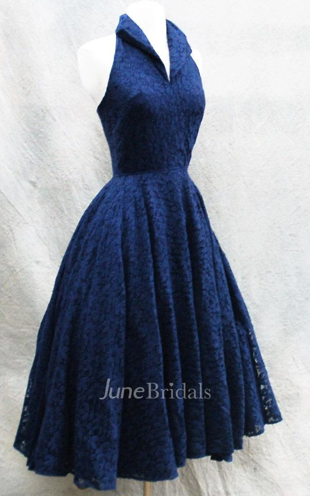 Vintage Halter A-line Knee-length Lace Dress