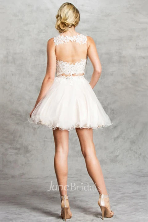 Two-Piece A-Line Short Scoop-Neck Sleeveless Tulle Illusion Dress With Appliques And Ruffles