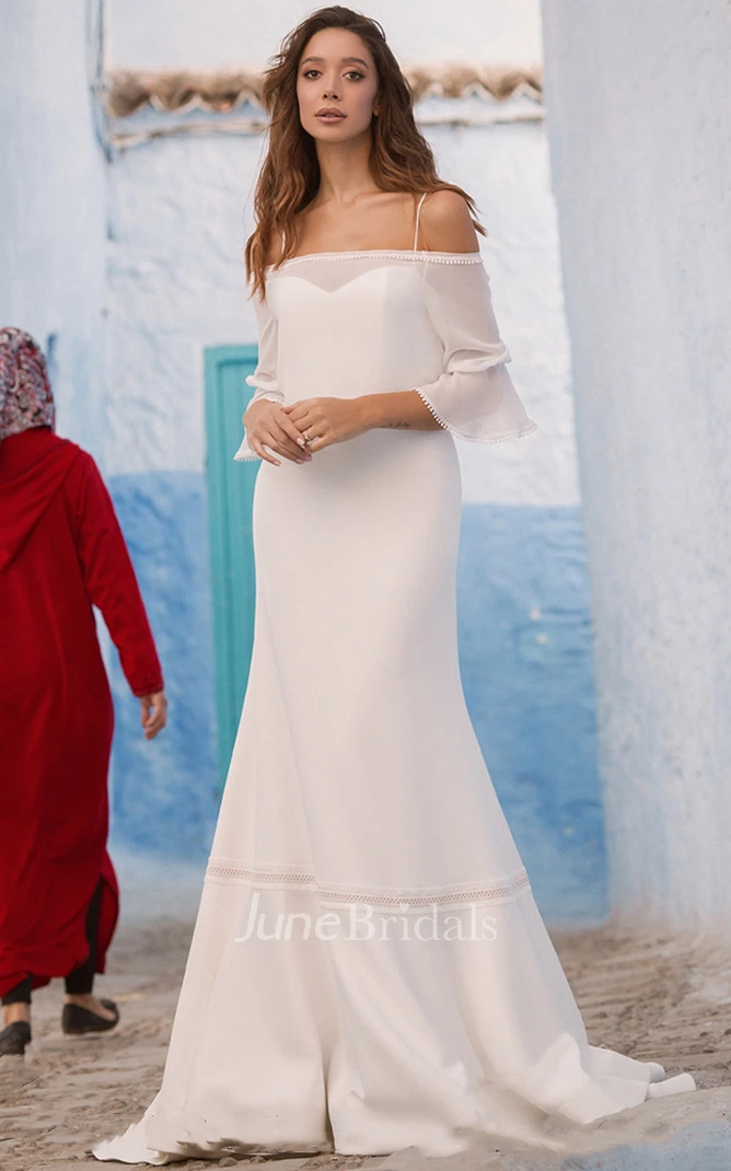 Simple Sheath Off-the-shoulder Chiffon Sweep Train Wedding Dress